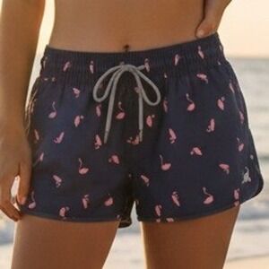 SURFCUZ $40 Large Navy Pink Flamingo Tropical 2.5" Inseam Swim Board Surf Shorts